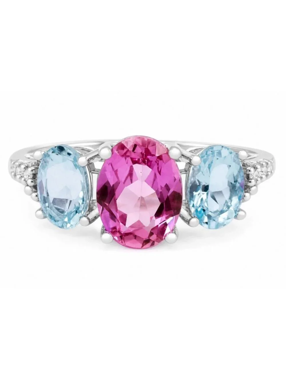 Genuine 1.56 Ct Pink Sapphire, Aquamarine & Diamond Ring Solid 10k White Gold